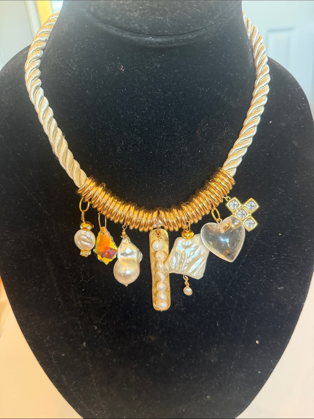 Gold-Tone Charm Necklace with Pearls, Heart and Crystal Cross